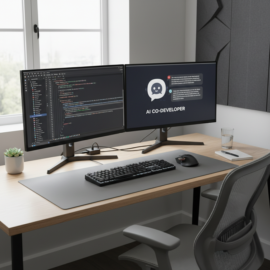 Modern developer workspace with AI coding assistance